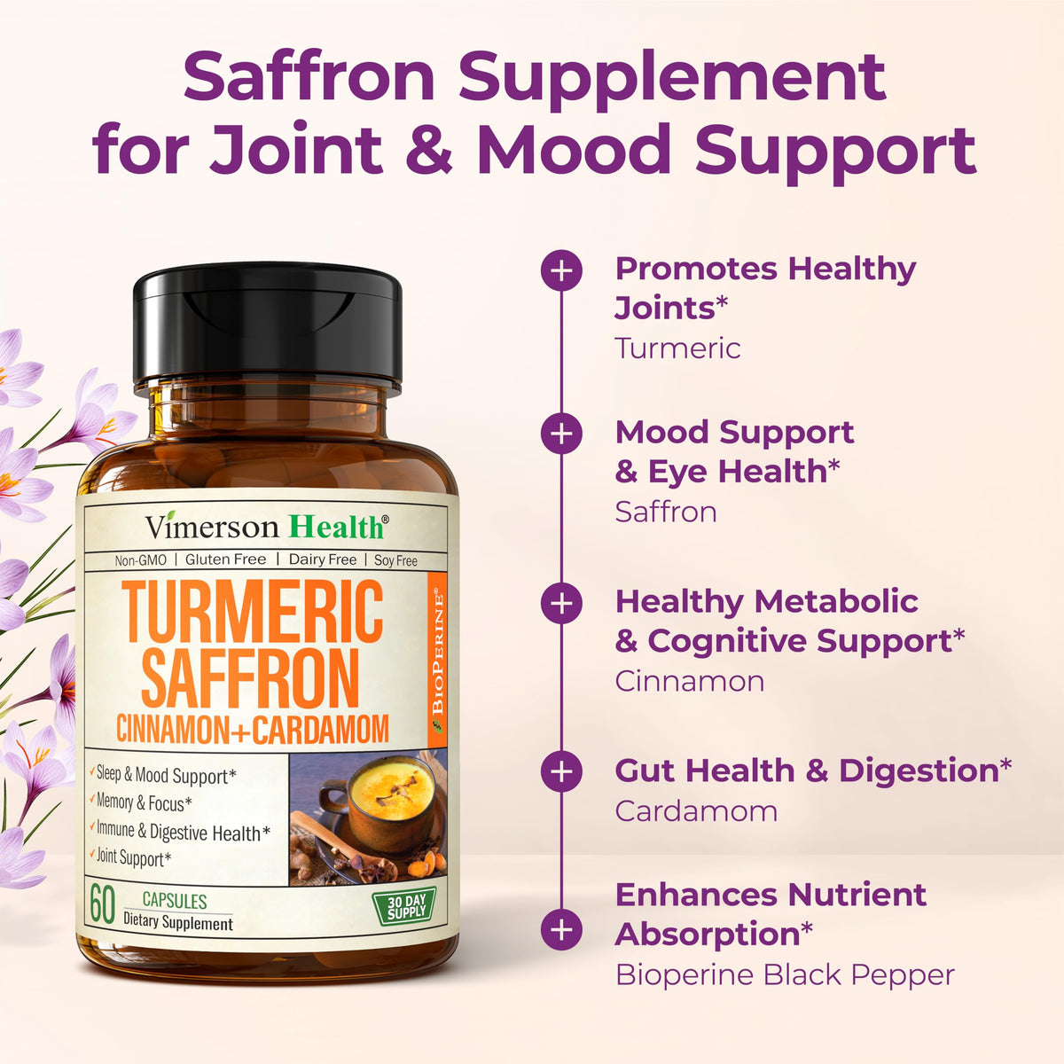 Saffron Supplements – 89mg Saffron Extract, 1000mg Turmeric Curcumin, Ceylon Cinnamon & Cardamom – Daily Mood, Joint & Metabolic Support - OmniHealth US