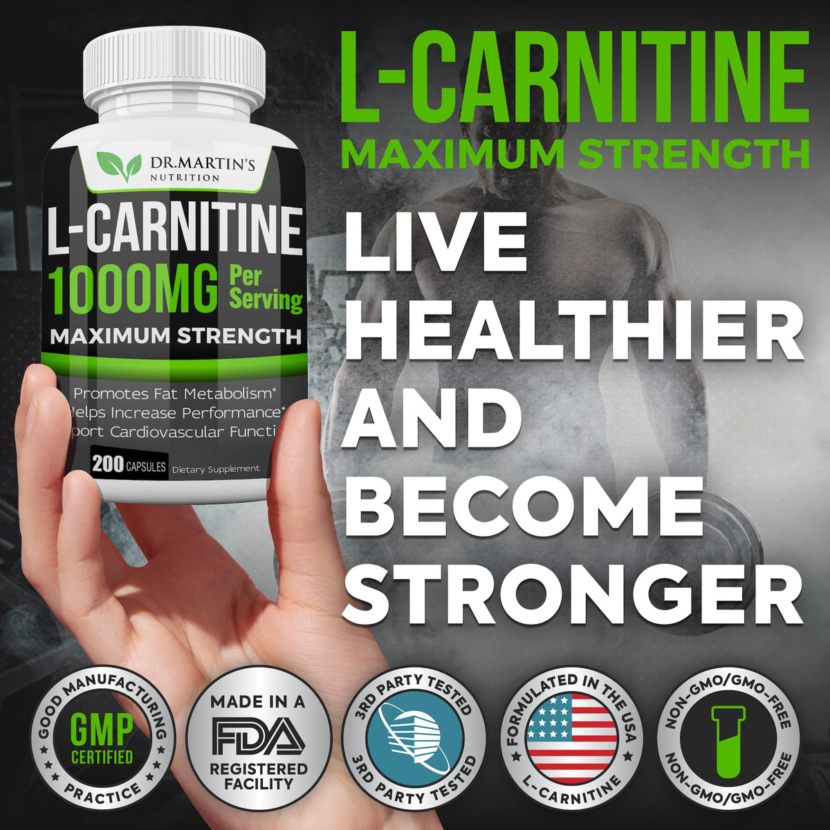DR. MARTIN'S NUTRITION Extra Strength L-Carnitine - 200 Capsules - 1000mg Per Serving - Boost Your Metabolism and Increase Performance - OmniHealth US