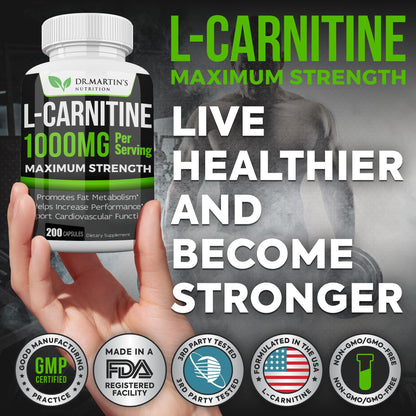 DR. MARTIN'S NUTRITION Extra Strength L-Carnitine - 200 Capsules - 1000mg Per Serving - Boost Your Metabolism and Increase Performance - OmniHealth US