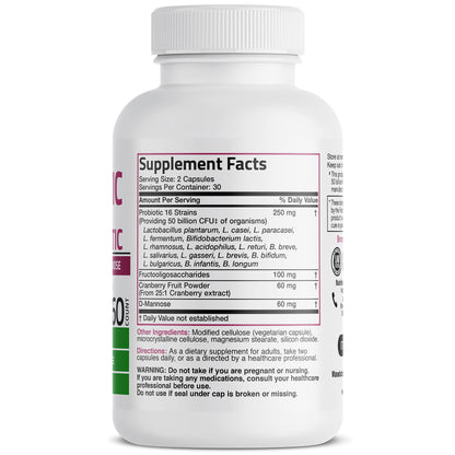 Bronson Women's Probiotic 50 Billion CFU + Prebiotic with Cranberry & D-Mannose – Vaginal Health, Healthy Digestion, Immune Function and Urinary Tract Support, Non-GMO, 60 Vegetarian Capsules - OmniHealth US