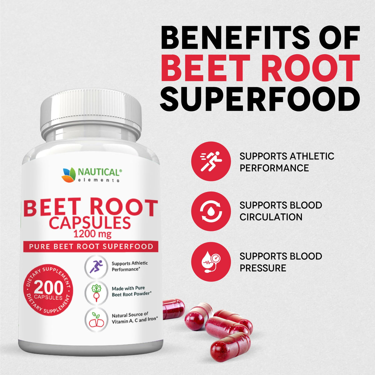 Beet Root Capsules - 1200mg Per Serving - 200 Beet Root Powder Capsules - Beetroot Powder Supports Blood Pressure, Athletic Performance, Digestive - OmniHealth US