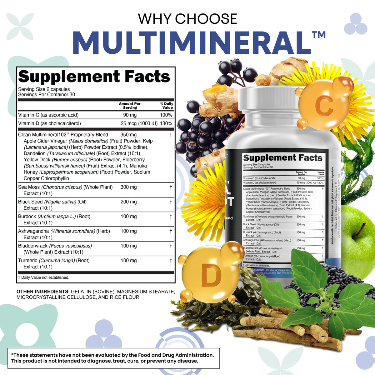 Clean Nutraceuticals Sea Moss Black Seed Oil Ashwagandha Turmeric Bladderwrack Burdock & Vitamin C Vitamin D3 with Elderberry - OmniHealth US