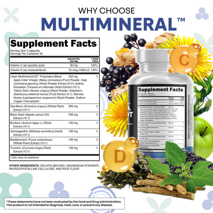 Clean Nutraceuticals Sea Moss Black Seed Oil Ashwagandha Turmeric Bladderwrack Burdock & Vitamin C Vitamin D3 with Elderberry - OmniHealth US