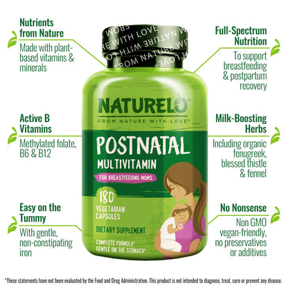 NATURELO Postnatal Multivitamin - Supplement for Breastfeeding Women - Plant-Based Vitamin D, Folate, Gentle Iron - for Nursing Mother, Baby - OmniHealth US