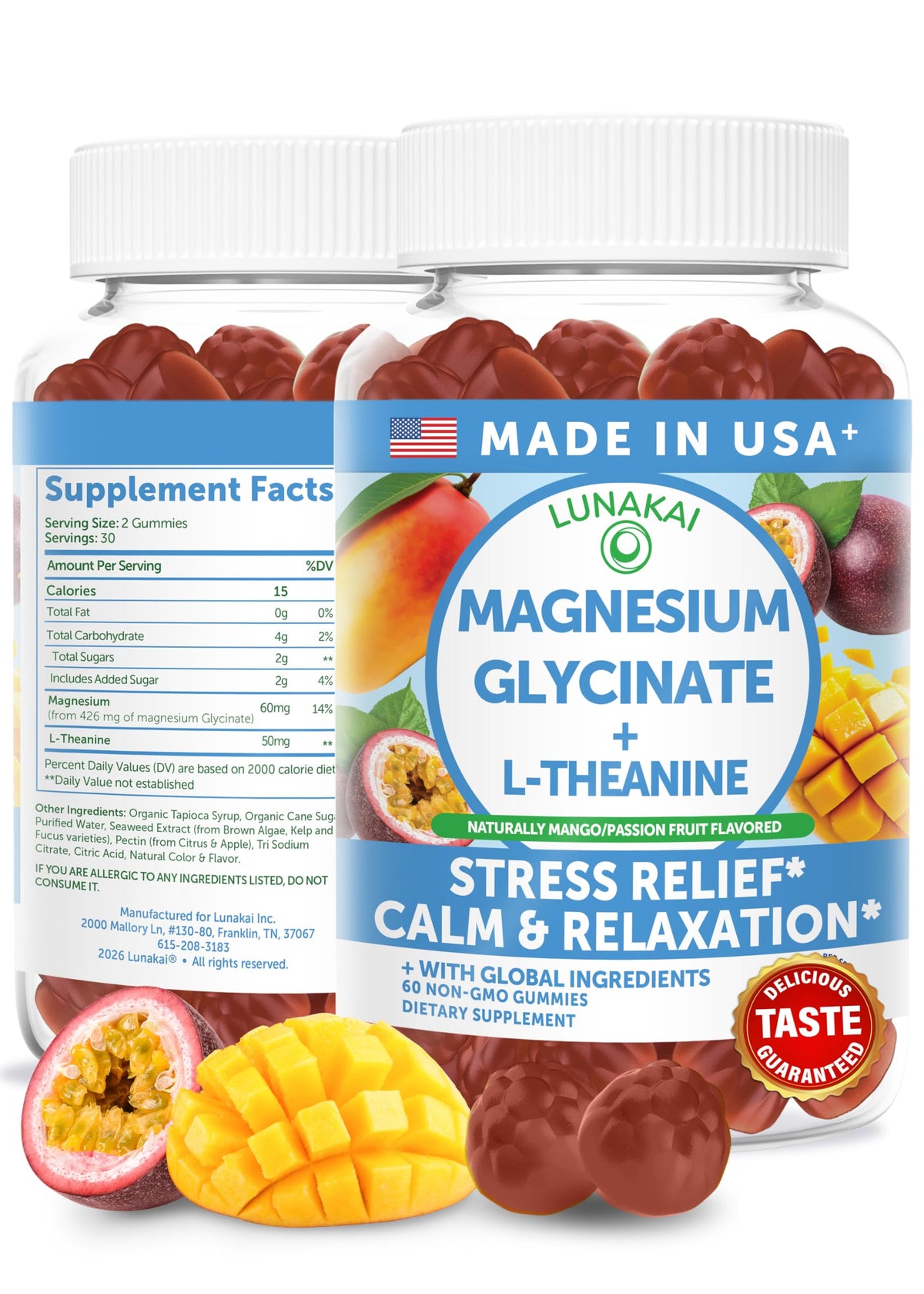 Lunakai USA Made Magnesium Glycinate Gummies with L-Theanine for Kids & Adults – 420mg Magnesium Supplement for Calm - OmniHealth US