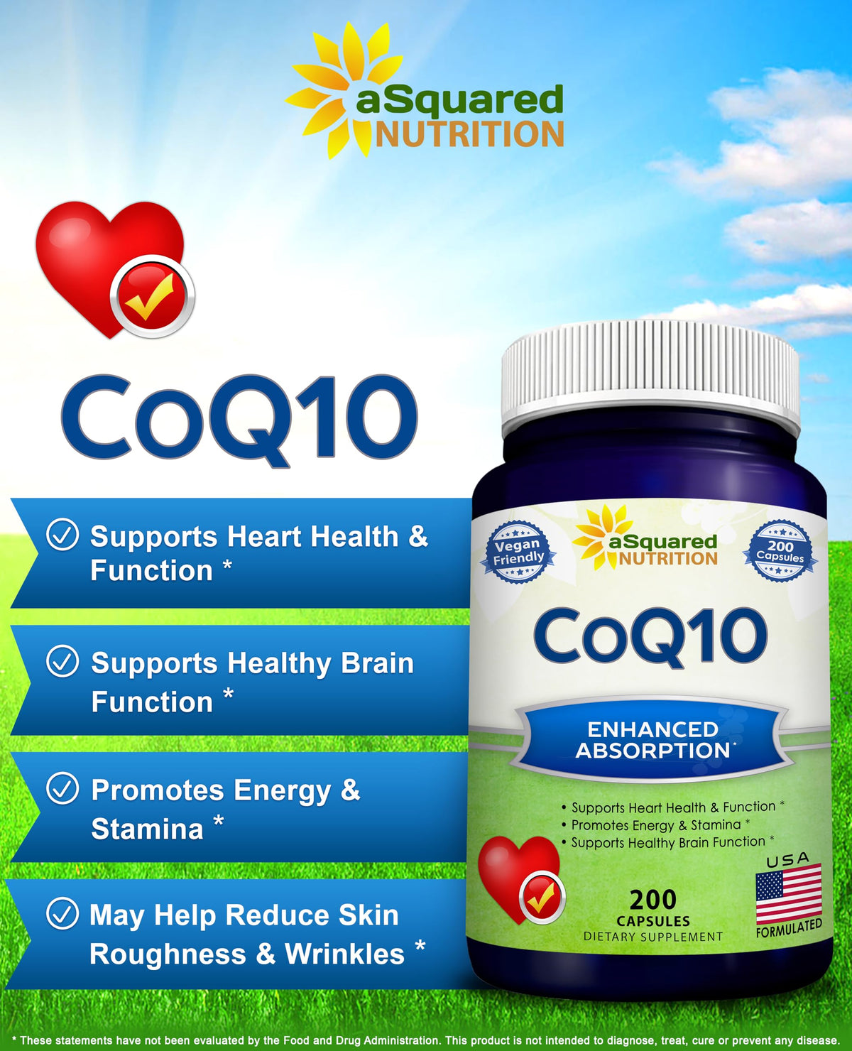 aSquared Nutrition CoQ10 (400mg Max Strength, 200 Capsules) - High Absorption Vegan Coenzyme Q10 Powder - Ubiquinone Supplement Pills, Extra Antioxidant CO Q-10 - OmniHealth US