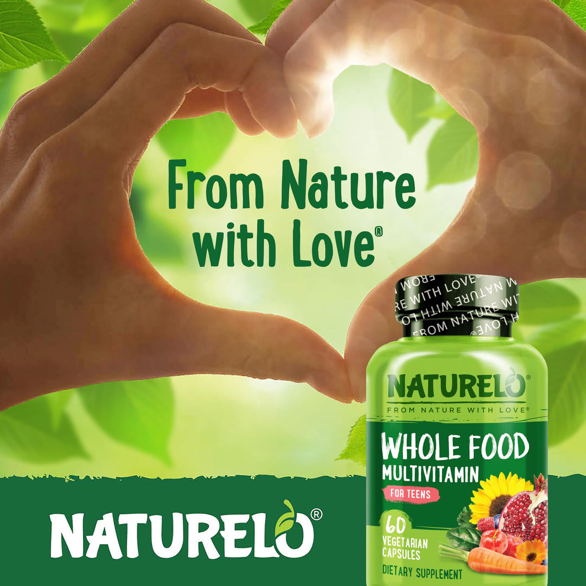 NATURELO Multivitamins for Teenage Girls/Boys, 60 Capsules, Whole Food Multivitamin with Minerals, Non-GMO, Vegetarian - OmniHealth US