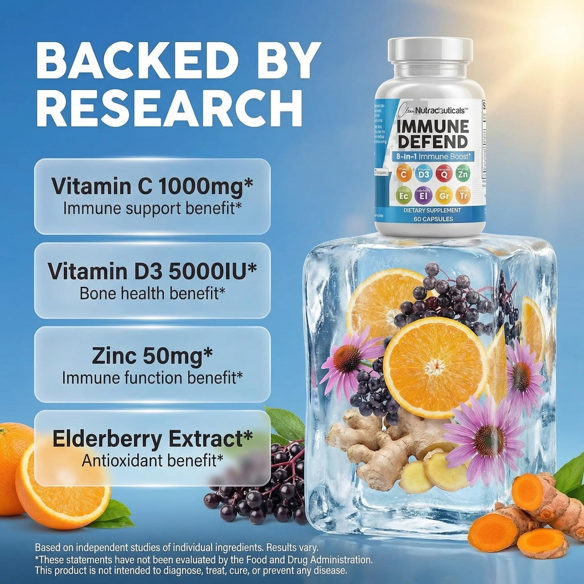 Clean Nutraceuticals Immune Defense Support Supplement 8 in 1 with Zinc 50mg Quercetin, VIT C 1000mg, Vitamin D3 5000 IU, Elderberry, Ginger - OmniHealth US