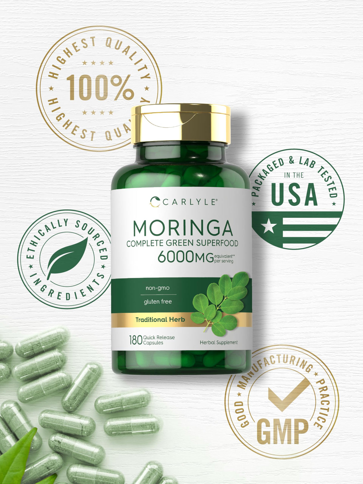 Carlyle Moringa Oleifera Supplement | 180 Capsules | Complete Green Superfood for Women and Men | Non-GMO and Gluten Free - OmniHealth US