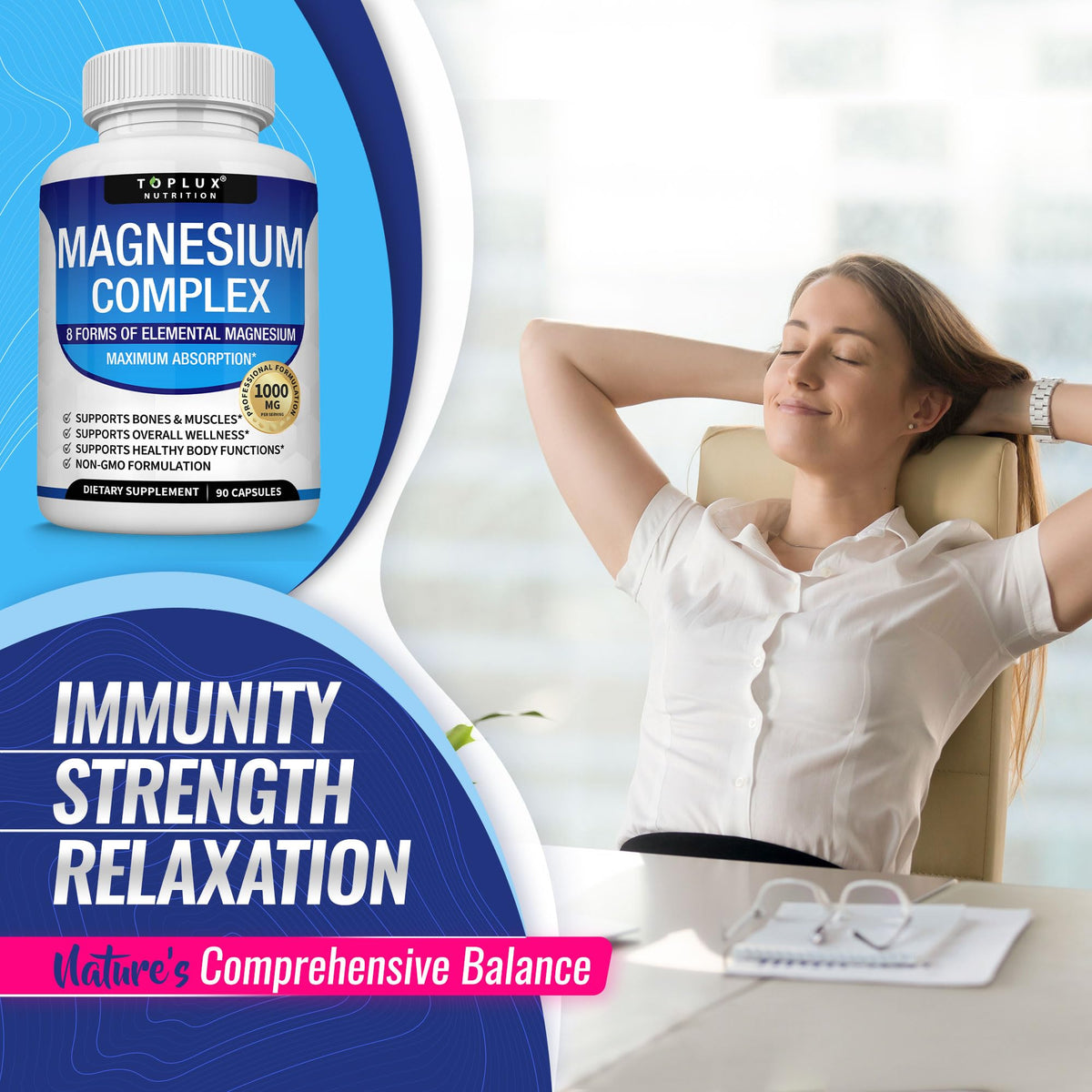 Magnesium Complex Supplement 8 Elemental 1000mg - Magnesium Glycinate, Citrate, Malate, Taurate, Chelated for Easy Absorption for Bones - OmniHealth US