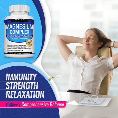 Magnesium Complex Supplement 8 Elemental 1000mg - Magnesium Glycinate, Citrate, Malate, Taurate, Chelated for Easy Absorption for Bones - OmniHealth US