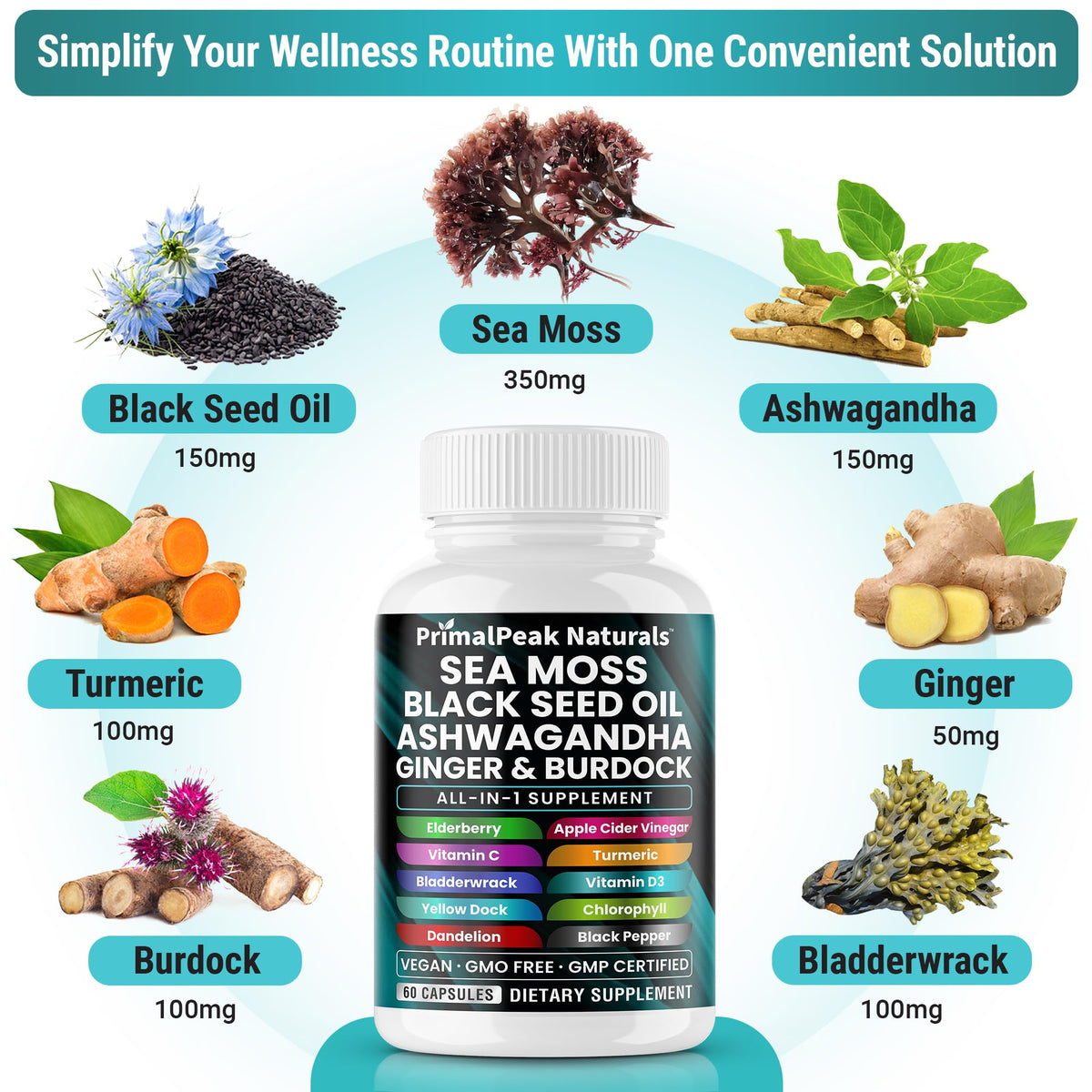 PrimalPeak Naturals Sea Moss Black Seed Oil Ashwagandha Ginger Burdock Bladderwrack Turmeric & Vitamin C Vitamin D3 with ACV Elderberry Chlorophyll Dandelion Yellow Dock Vegan Capsules - 60 Count PrimalPeak NaturalsBuy Supplements Australia