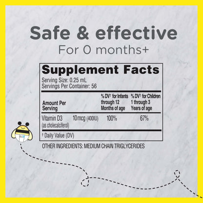 Zarbee's Vitamin D Drops for Infants, 400IU (10mcg) Baby & Toddler Liquid Supplement, Newborn & Up, Dropper Syringe Included, 0.47 Fl Oz - OmniHealth US