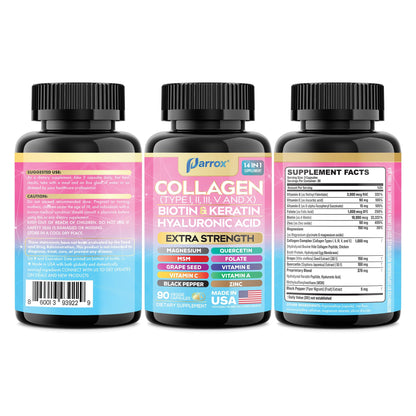 Parrox Collagen Peptides Types I, II, III, V & X, MCG Biotin, Keratin, Hyaluronic Acid, MSM, Zinc, Grape Seed Extract, Quercetin, Vitamin A, Vitamin C, OmniHealth US