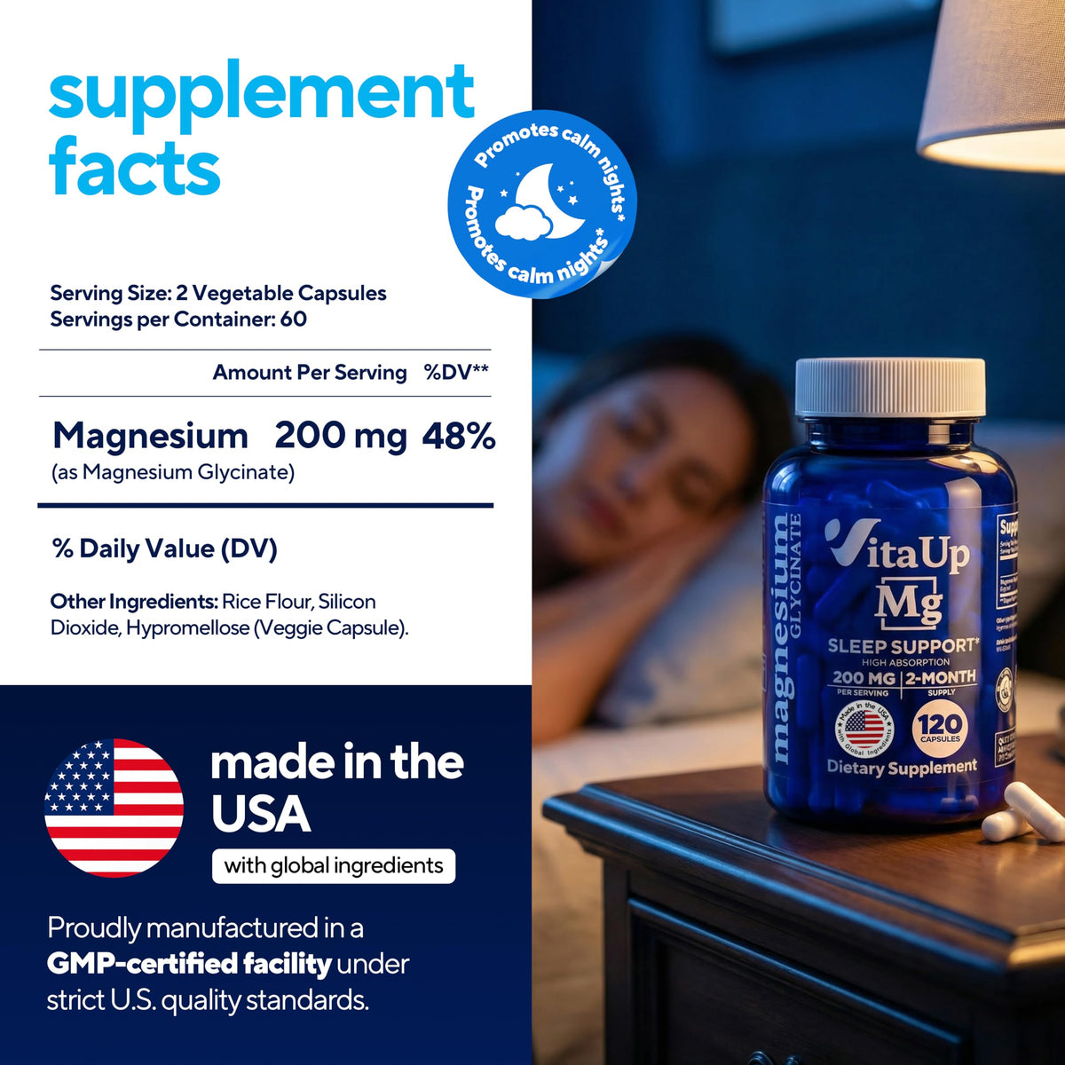 VitaUp Magnesium Glycinate 200mg - USA Made, Highly Absorbed, Non-GMO Magnesium for Relaxation, Deep Sleep, Bones & Heart - OmniHealth US