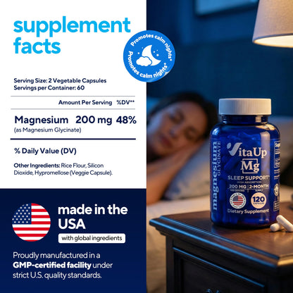 VitaUp Magnesium Glycinate 200mg - USA Made, Highly Absorbed, Non-GMO Magnesium for Relaxation, Deep Sleep, Bones & Heart - OmniHealth US