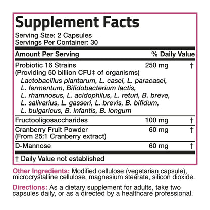 Bronson Women's Probiotic 50 Billion CFU + Prebiotic with Cranberry & D-Mannose – Vaginal Health, Healthy Digestion, Immune Function and Urinary Tract Support, Non-GMO, 60 Vegetarian Capsules - OmniHealth US