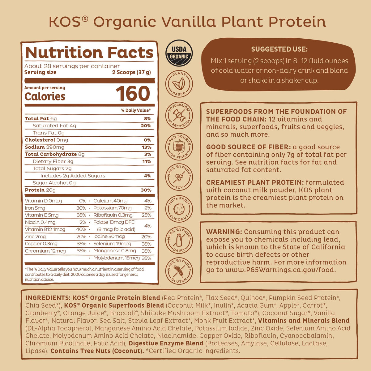 KOS Vegan Protein Powder Erythritol Free, Vanilla USDA Organic - Pea Protein Blend, Plant Based Superfood Rich in Vitamins & Minerals - Keto, Dairy Free - Meal Replacement for Women & Men, 28 Servings - OmniHealth US