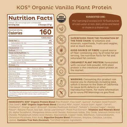 KOS Vegan Protein Powder Erythritol Free, Vanilla USDA Organic - Pea Protein Blend, Plant Based Superfood Rich in Vitamins & Minerals - Keto, Dairy Free - Meal Replacement for Women & Men, 28 Servings - OmniHealth US