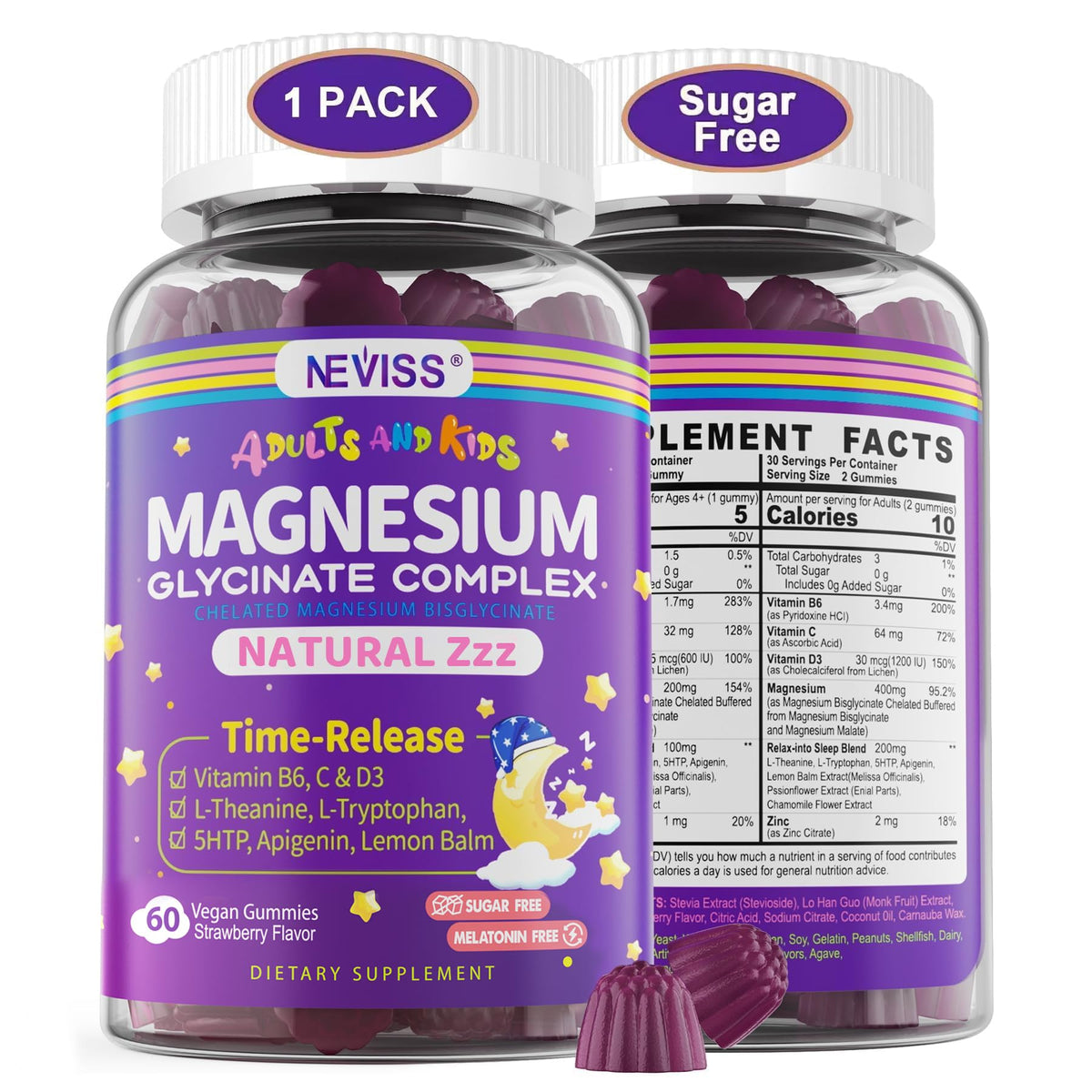 Magnesium Glycinate Gummies for Adults & Kids 4+, Sugar Free Magnesium Bisglycinate Supplement 400/200mg with B6D3, 5HTP, L-Theanine for Sleep & Relaxation - OmniHealth US