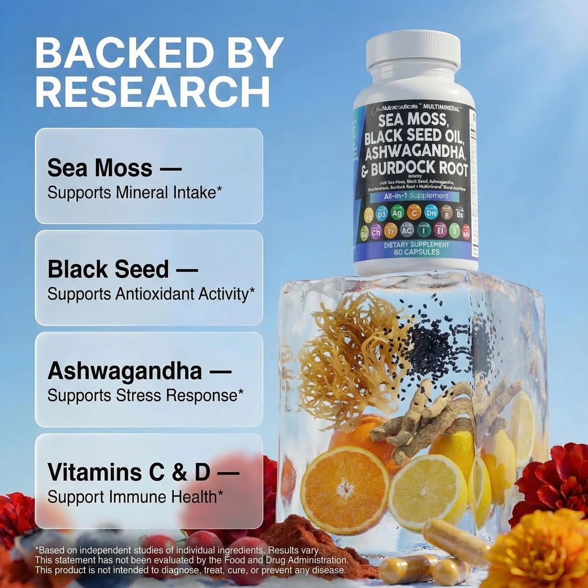 Clean Nutraceuticals Sea Moss Black Seed Oil Ashwagandha Turmeric Bladderwrack Burdock & Vitamin C Vitamin D3 with Elderberry - OmniHealth US