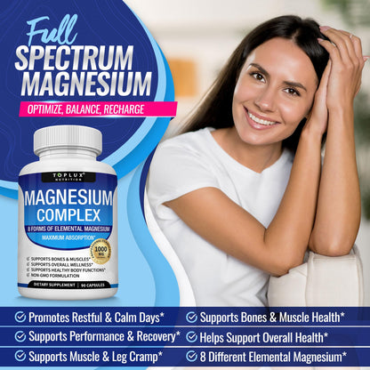 Magnesium Complex Supplement 8 Elemental 1000mg - Magnesium Glycinate, Citrate, Malate, Taurate, Chelated for Easy Absorption for Bones - OmniHealth US