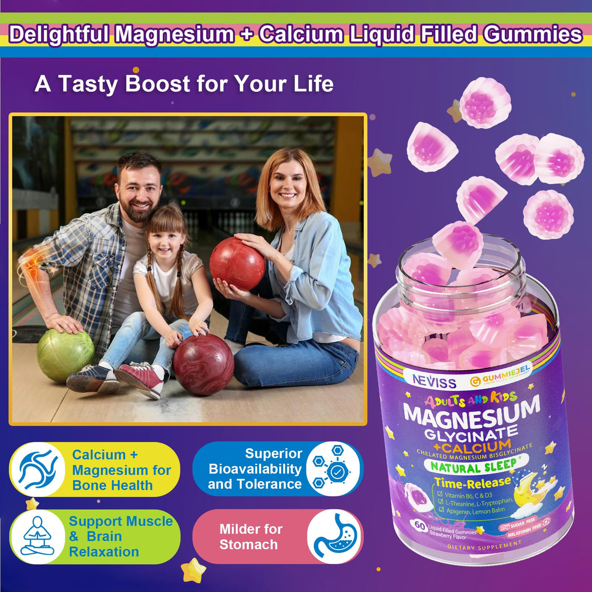 Neviss Magnesium Glycinate + Calcium Filled Gummies for Adults and Kids 4+, Kids Sleep Gummies Melatonin Free, Sugar Free Magnesium Supplement with B6 D3, OmniHealth US