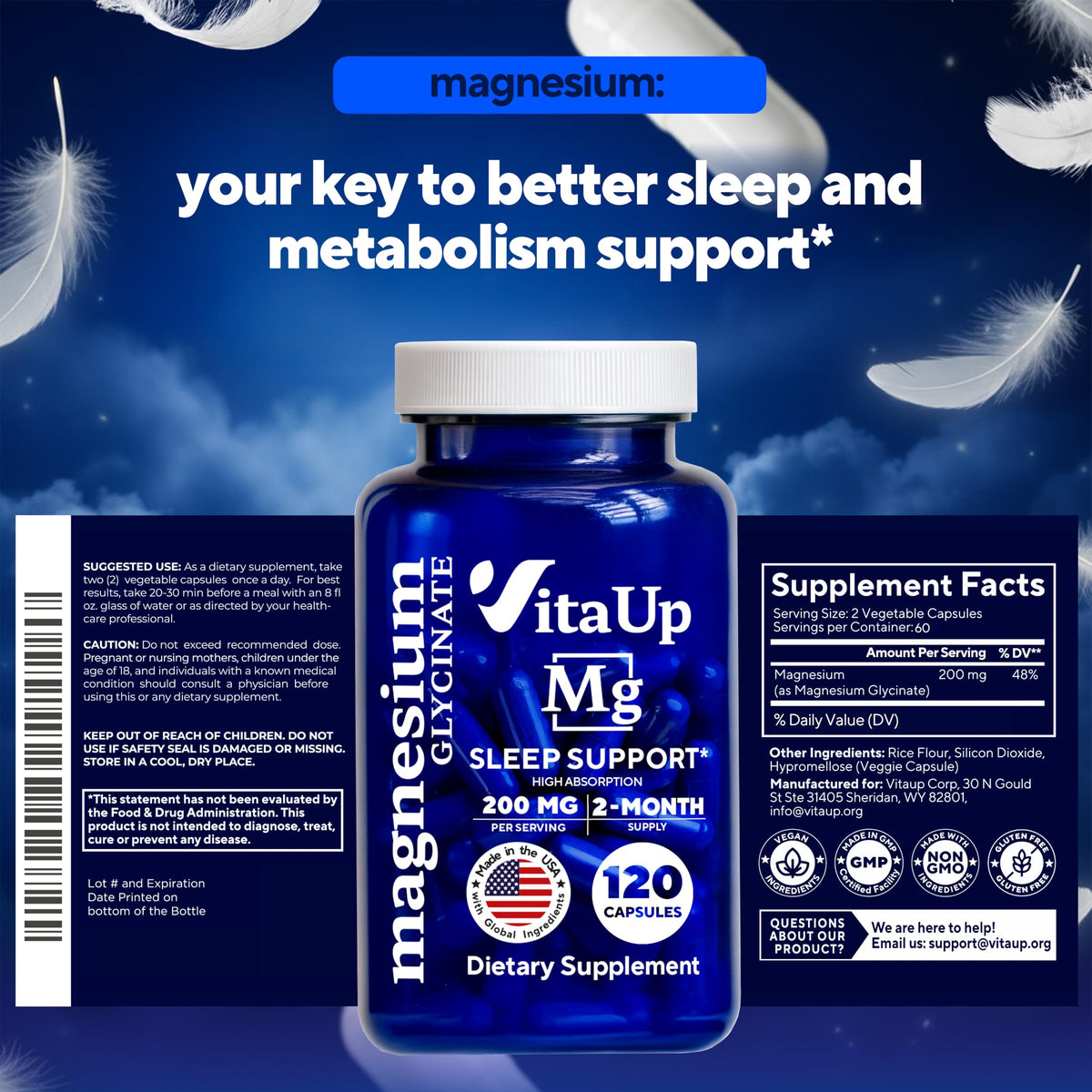 VitaUp Magnesium Glycinate 200mg - USA Made, Highly Absorbed, Non-GMO Magnesium for Relaxation, Deep Sleep, Bones & Heart - OmniHealth US