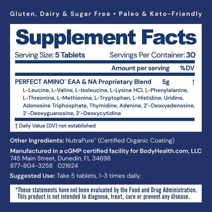 BodyHealth PerfectAmino (150 ct) Easy to Swallow Tablets, Essential Amino Acids Supplement with BCAAs, Vegan Protein for Pre/Post Workout & Muscle Recovery with Lysine - OmniHealth US