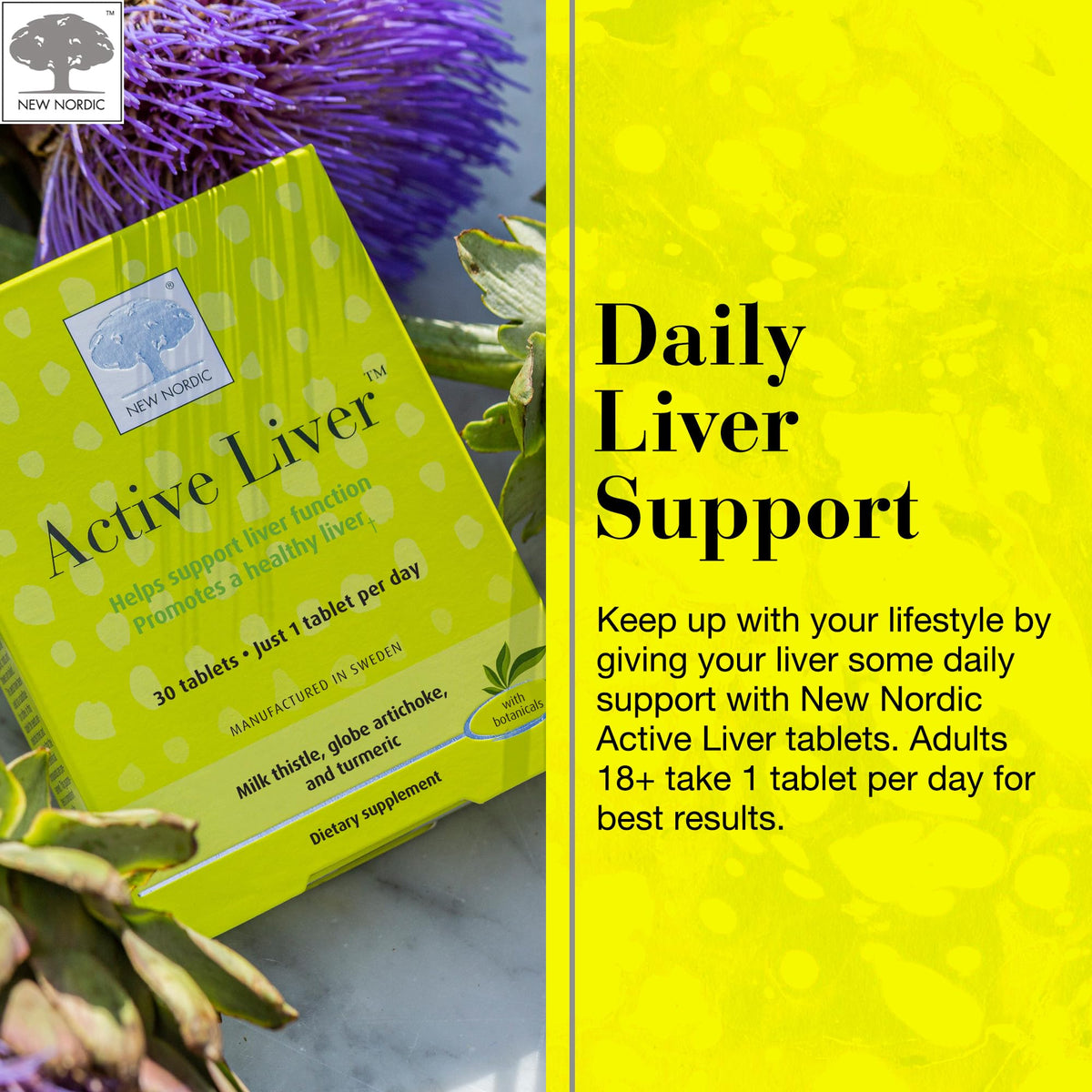 NEW NORDIC Active Liver 30-Day Supply, Daily Liver Supplement, Milk Thistle, Artichoke & Turmeric, 30 Tablets (Pack of 1) - OmniHealth US