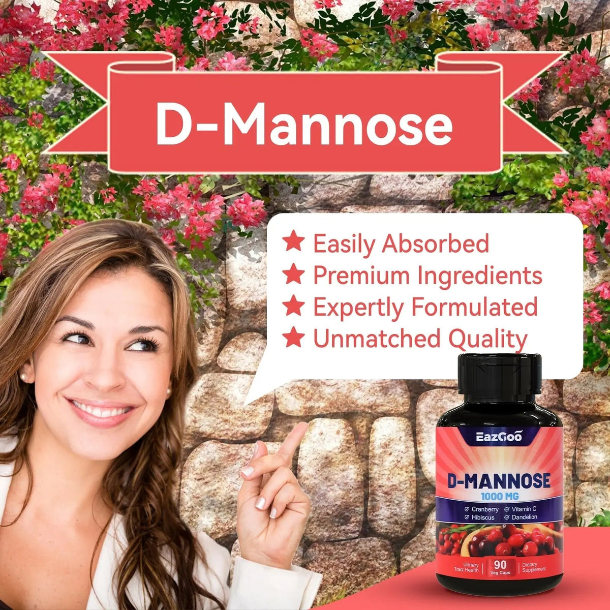 EAZGOO D-Mannose Supplement – 1000mg Capsules with Cranberry, Vitamin C, Hibiscus & Dandelion Extract, Support Urinary Health, D Mannose & Cranberry Capsules, 90 Count(Pack of 2) EAZGOOBuy Supplements Australia