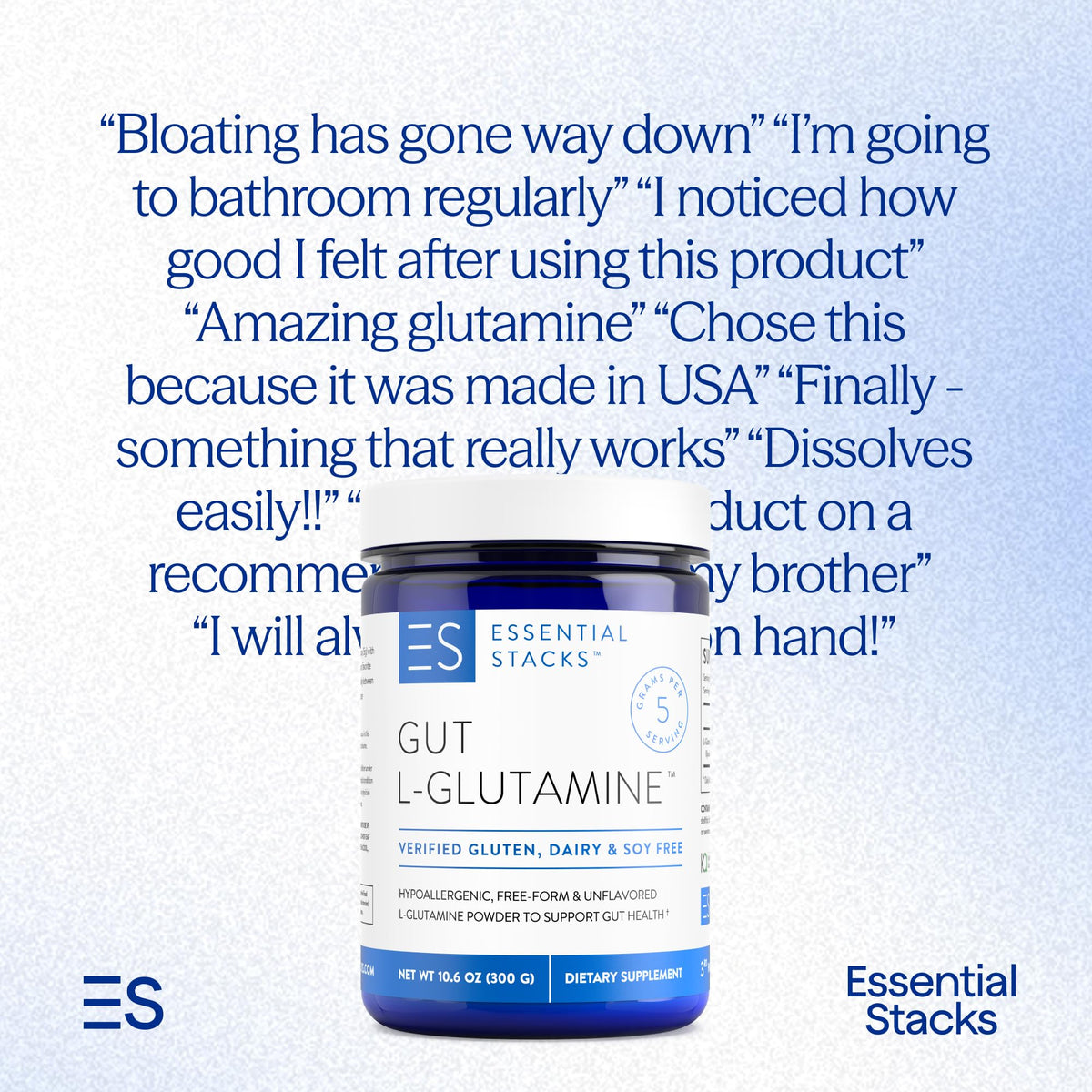 Essential Stacks Gut L-Glutamine Powder - Exclusively Made in USA - Pure L Glutamine Powder for Gut Health (60 Servings, Unflavored) - OmniHealth US