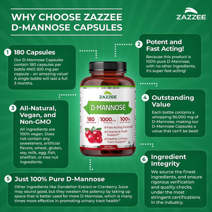 Zazzee D-Mannose, 1000 mg per Serving, 180 Vegan Capsules, 3 Month Supply, Potent & Fast-Acting, Certified Kosher, 100% Pure, All-Natural Urinary Tract Health Support - OmniHealth US