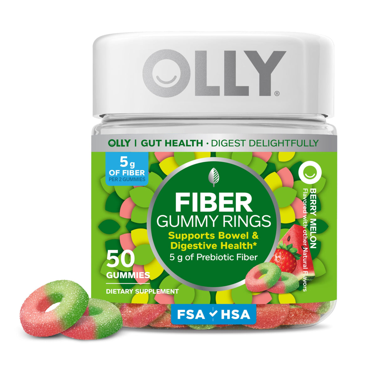 OLLY Fiber Gummy Rings, 5g Prebiotic Fiber, FOS (Fructo-oligosaccharides), Digestive Support, Berry Melon 50ct - OmniHealth US
