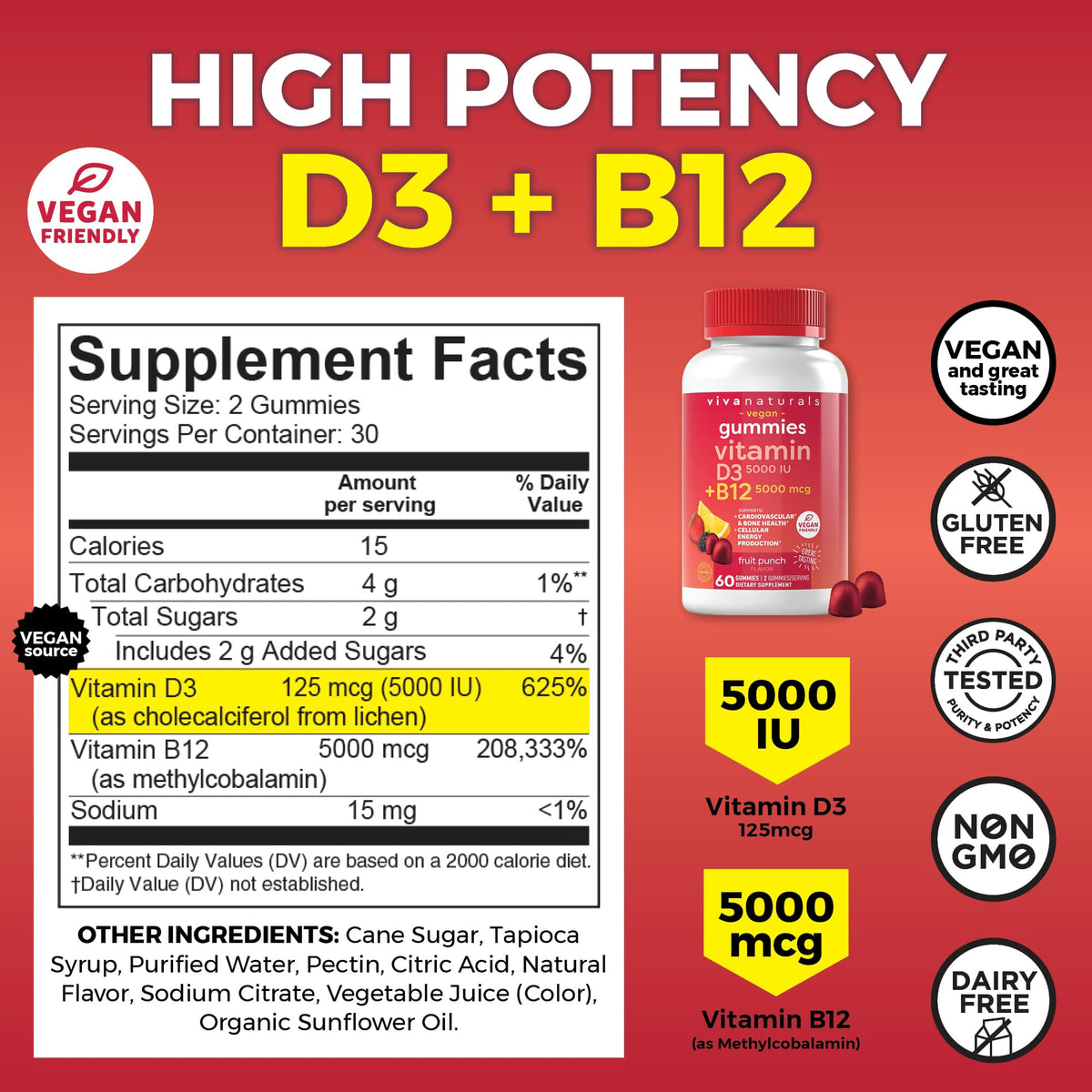 Viva Naturals Plant-Based B12 Gummies with Vitamin D3 - Chewable 5000mcg B12 Viva NaturalsBuy Supplements Australia