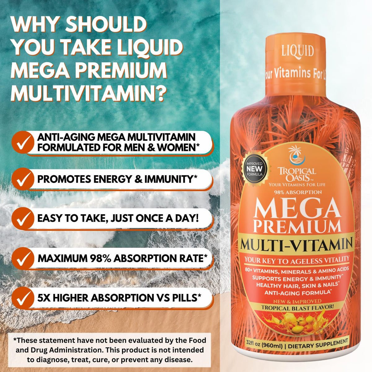 Mega Premium Liquid Multivitamin | Natural Immune Support Vitamin w/ 1333% Vitamin C, 200% D3, Zinc + 20 Vitamins, 70 Minerals, & 21 Amino Acids | Sugar Free - OmniHealth US