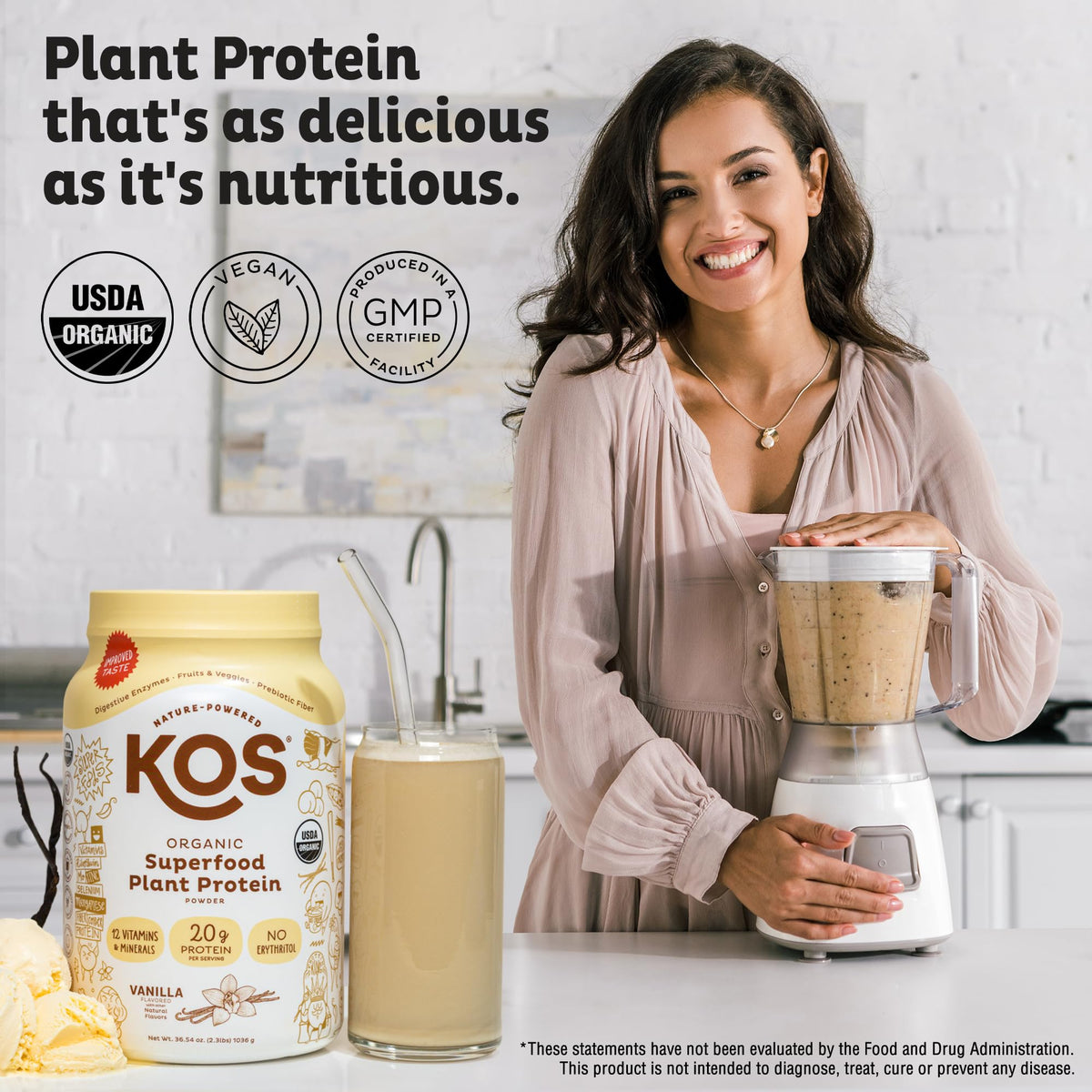 KOS Vegan Protein Powder Erythritol Free, Vanilla USDA Organic - Pea Protein Blend, Plant Based Superfood Rich in Vitamins & Minerals - Keto, Dairy Free - Meal Replacement for Women & Men, 28 Servings - OmniHealth US