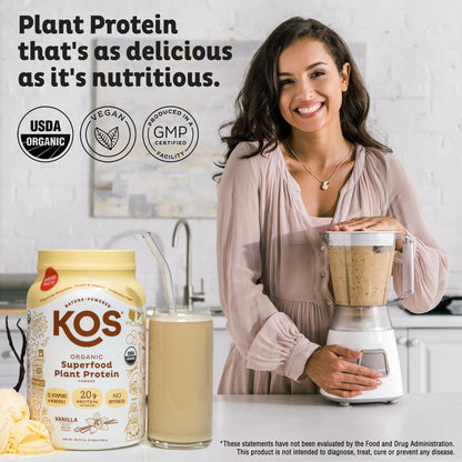 KOS Vegan Protein Powder Erythritol Free, Vanilla USDA Organic - Pea Protein Blend, Plant Based Superfood Rich in Vitamins & Minerals - Keto, Dairy Free - Meal Replacement for Women & Men, 28 Servings - OmniHealth US