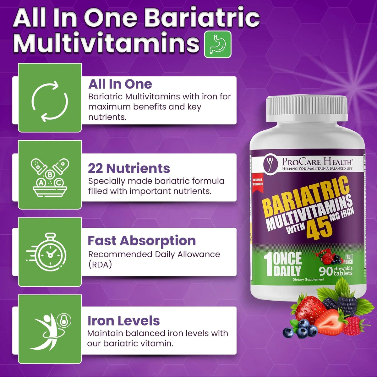 Procare Health Bariatric Multivitamin with Iron 45mg Chewable (90 Tablets) - Fruit Punch Flavor Bariatric Multivitamin Chewable Pills for Gastric Bypass ProCare HealthBuy Supplements Australia