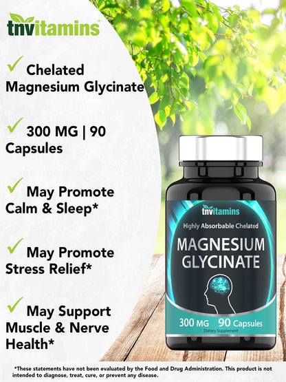tnvitamins Magnesium Glycinate 300mg, 90 Capsules | High Absorption Chelated Magnesium for Sleep, Calm & Muscle Support - OmniHealth US