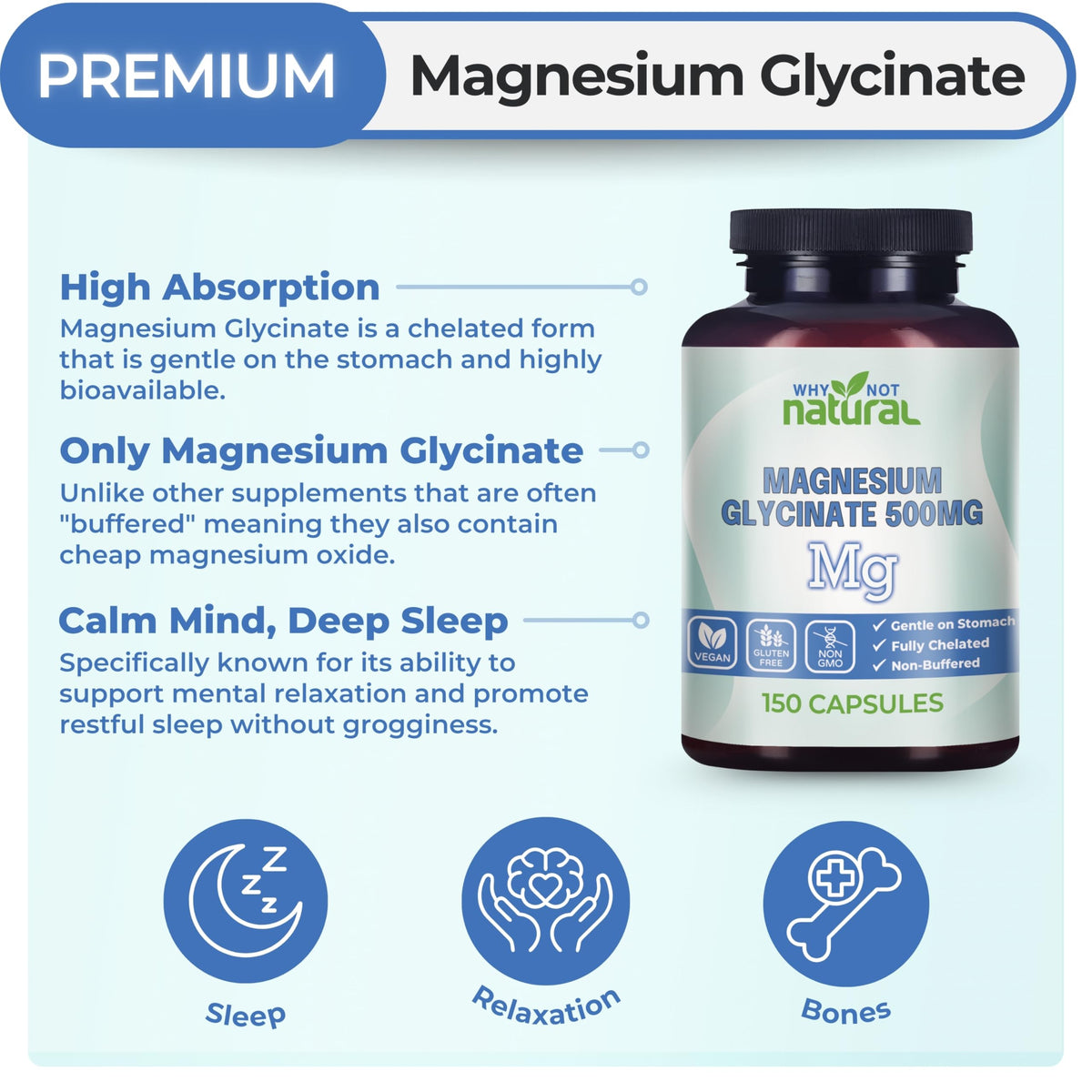 Why Not Natural Magnesium Glycinate 500 mg Capsules Supplement - Vegan, No Filler - Supports Sleep and Relaxation - OmniHealth US
