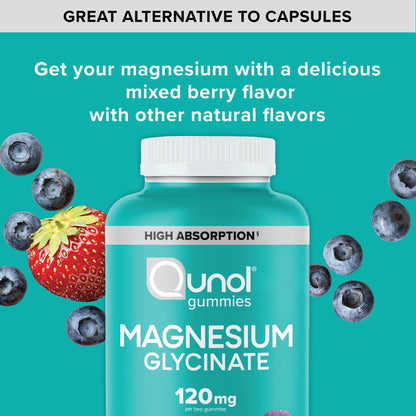 Qunol Magnesium Glycinate Gummies, 120mg of Magnesium Glycinate, High Absorption, Mixed Berry, 90 Count (Pack of 1) - OmniHealth US
