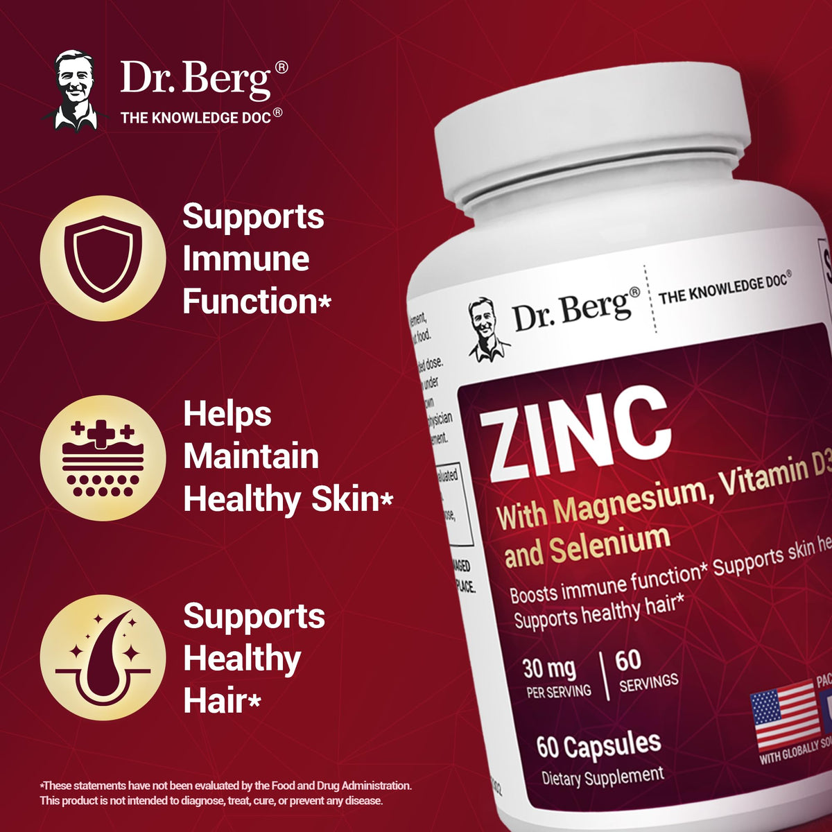 Dr. Berg Zinc 30mg Enhanced with Magnesium, Vitamin D3, Selenium, & Copper - Zinc Supplements for Men & Women - Chelated Zinc for Immune, Skin - OmniHealth US