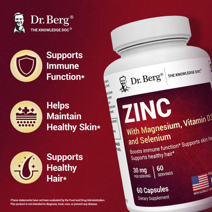 Dr. Berg Zinc 30mg Enhanced with Magnesium, Vitamin D3, Selenium, & Copper - Zinc Supplements for Men & Women - Chelated Zinc for Immune, Skin - OmniHealth US