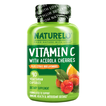 NATURELO Vitamin C with Organic Acerola Cherry Extract and Citrus Bioflavonoids - Vegan Supplement - Immune Support - 500 mg VIT C per Cap - OmniHealth US