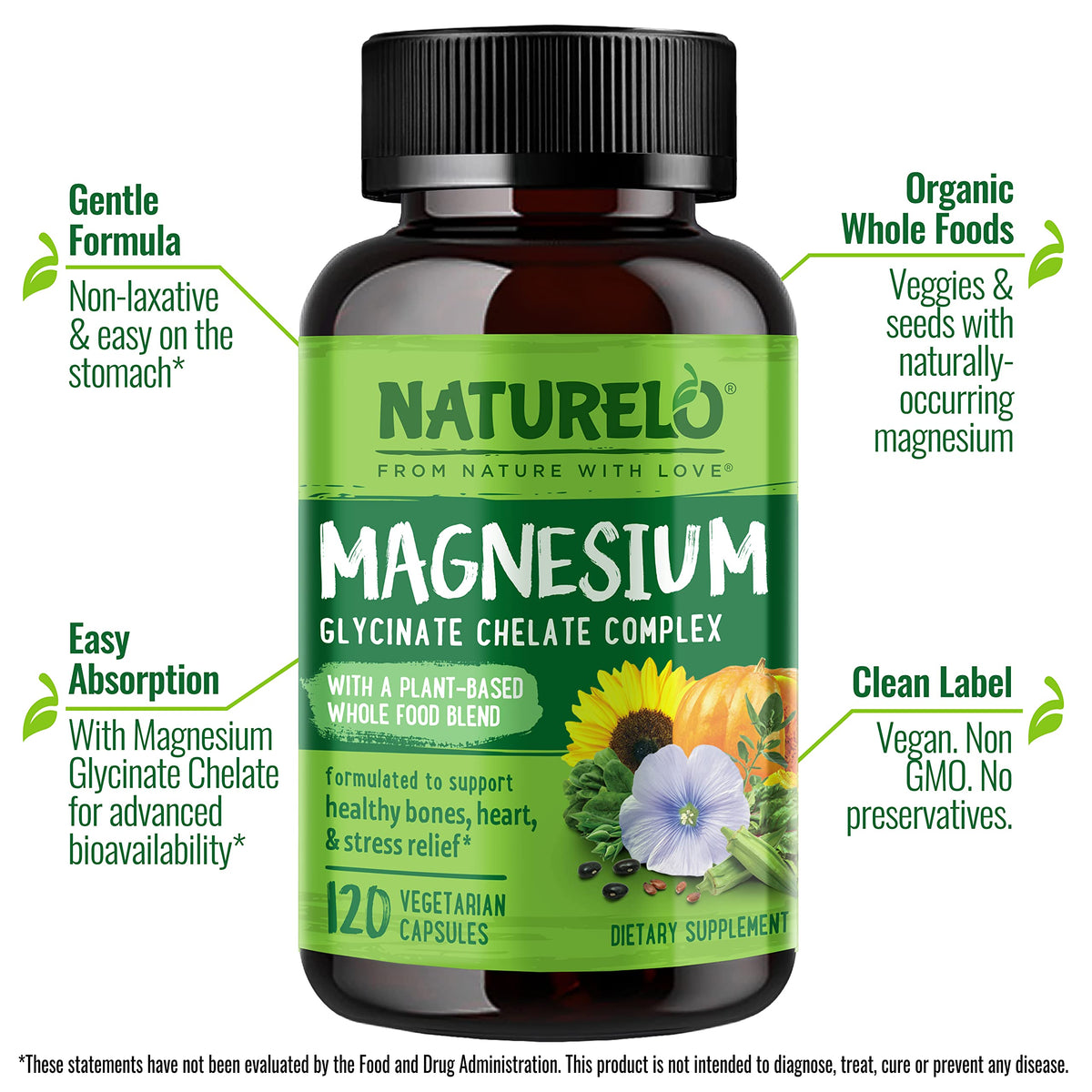 NATURELO Magnesium Glycinate Chelate Complex - 200 mg Magnesium with Organic Vegetables to Support Sleep, Calm, Muscle Cramp & Stress Relief - OmniHealth US