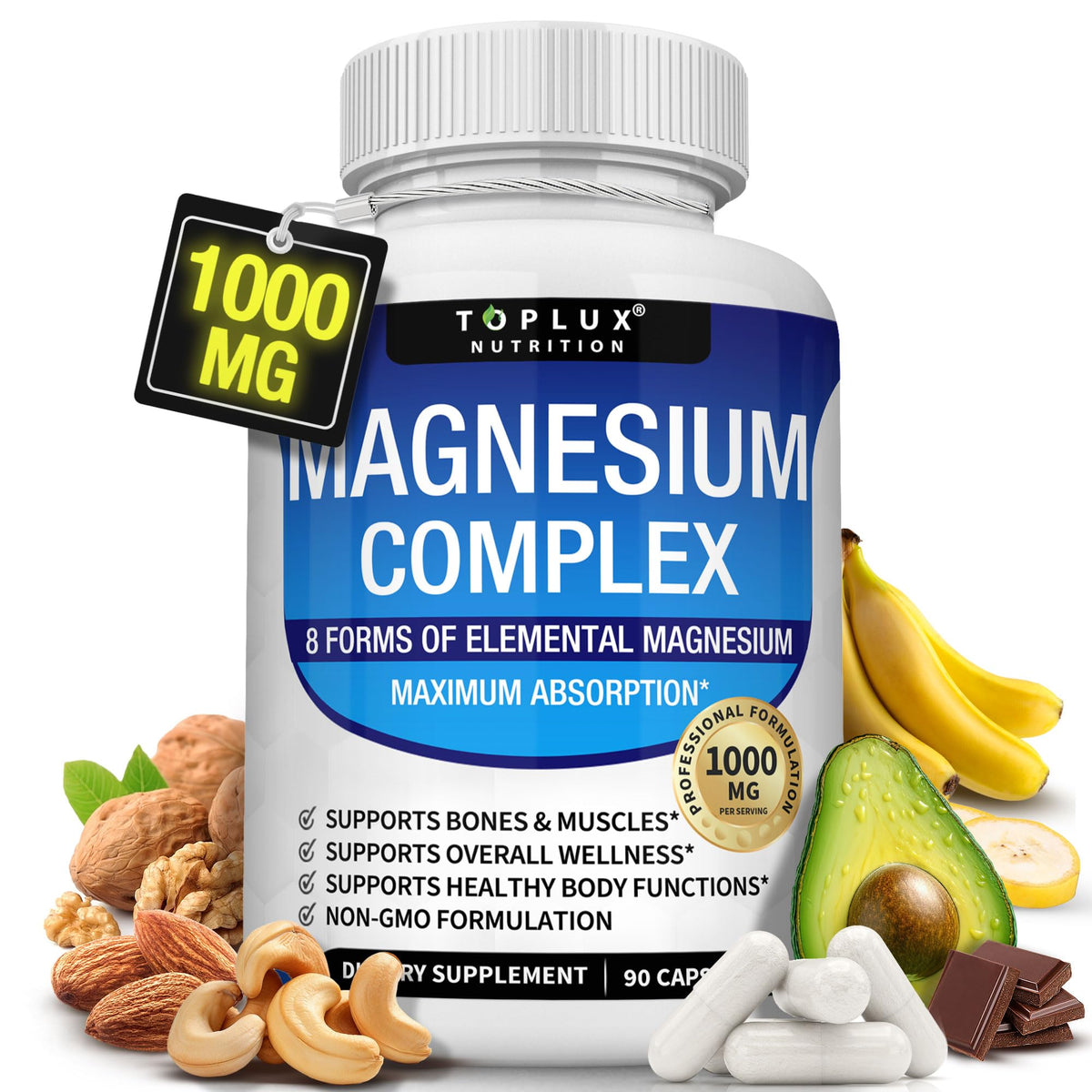 Magnesium Complex Supplement 8 Elemental 1000mg - Magnesium Glycinate, Citrate, Malate, Taurate, Chelated for Easy Absorption for Bones - OmniHealth US
