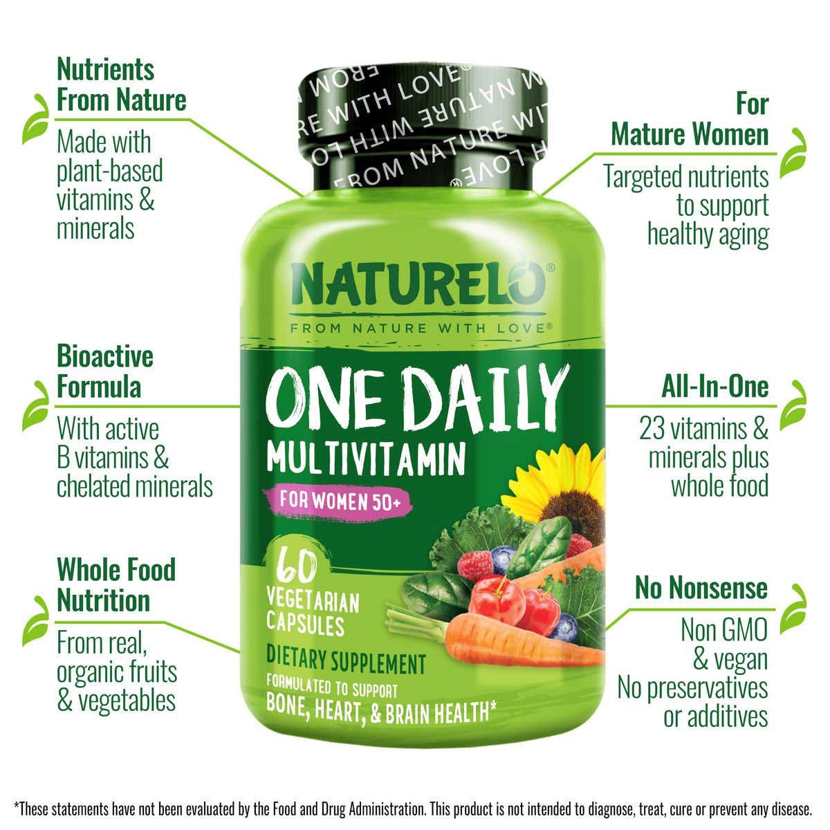 NATURELO One Daily Multivitamin for Women 50+ (Iron Free) - Menopause Support for Women Over 50 - Whole Food Supplement - OmniHealth US