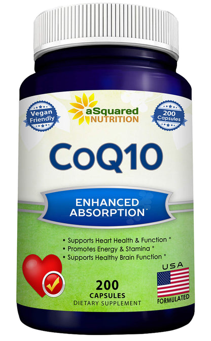 aSquared Nutrition CoQ10 (400mg Max Strength, 200 Capsules) - High Absorption Vegan Coenzyme Q10 Powder - Ubiquinone Supplement Pills, Extra Antioxidant CO Q-10 - OmniHealth US