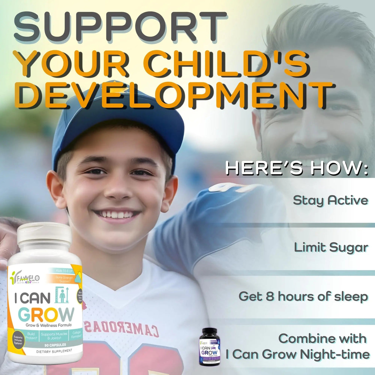 Fawelo I Can Grow Day-Time for Kids 10+ & Teens | Growth & Development Support with L-Arginine, Colostrum, Calcium, D3, Magnesium, Zinc | FaweloBuy Supplements Australia